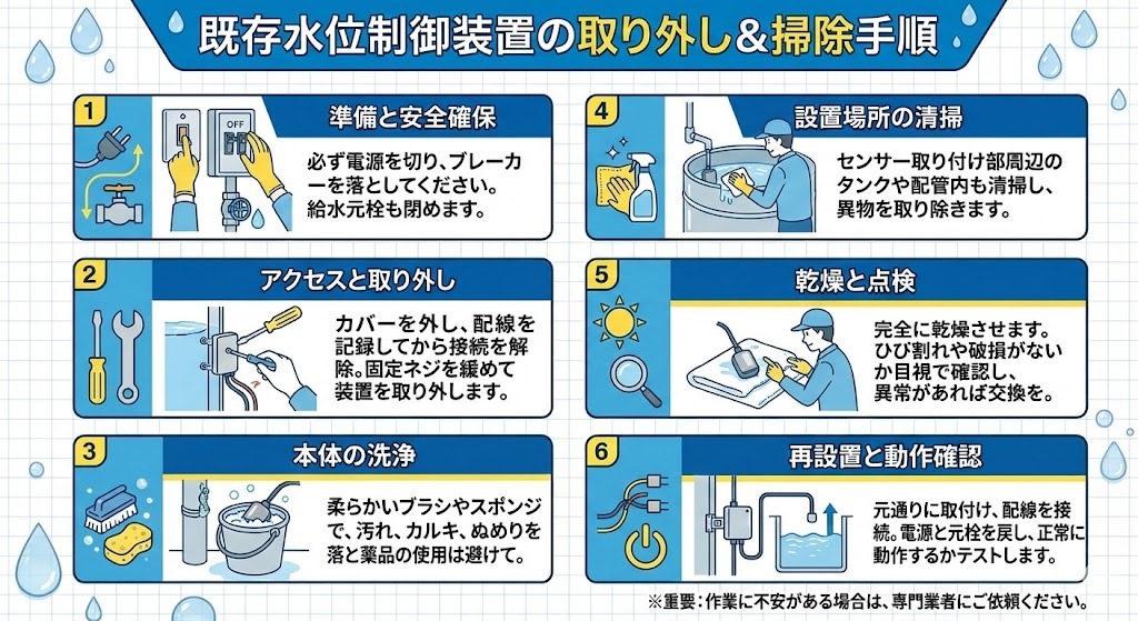 既存水位制御装置の取り外し&掃除手順