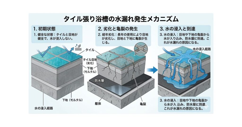 (図解挿入:タイル張り浴槽の水漏れ発生メカニズム)