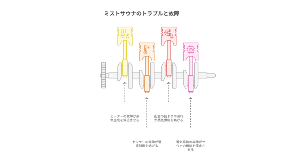 ミストサウナ設備構成図：ヒーター・センサー・制御盤・蒸気配管などの関係図
