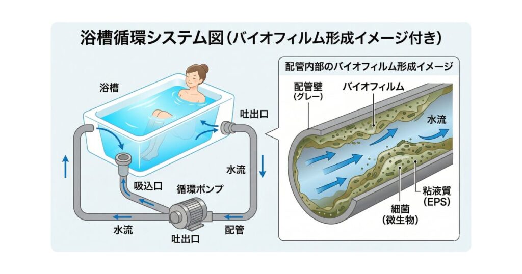 「浴槽循環システム図」  浴槽→吸込口→循環ポンプ→配管→吐出口→浴槽の流れと、配管内部にバイオフィルムが形成されるイメージ図